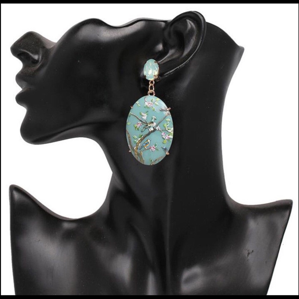 Blue enamel printed birds large dangle earring